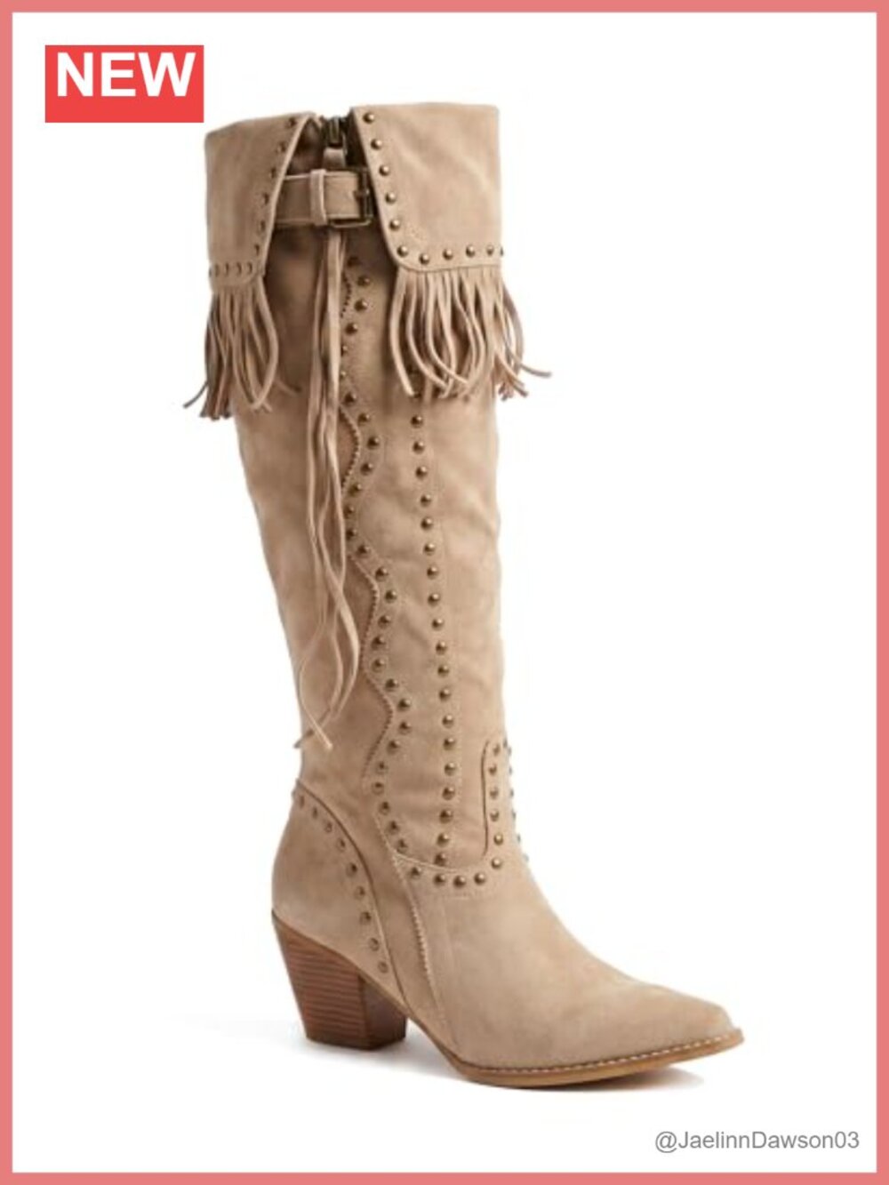 Faux Suede Fringe Knee-High Western Boots Studded Block Heel